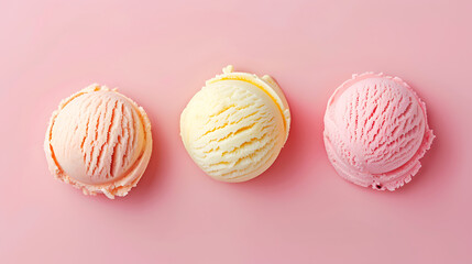 Poster - Ice cream scoops against pastel pink background. Minimal summer food concept.
