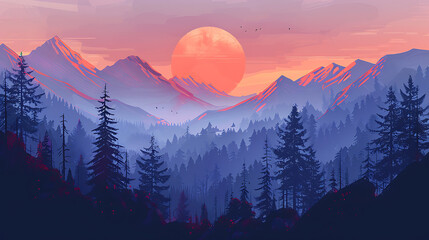 Aufkleber - Mountain landscape at sunset