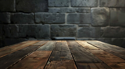 Poster - Old wood table with blurred concrete block wall in dark room background.