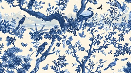 A beautiful blue and white botanical pattern featuring various birds, butterflies, and floral elements.