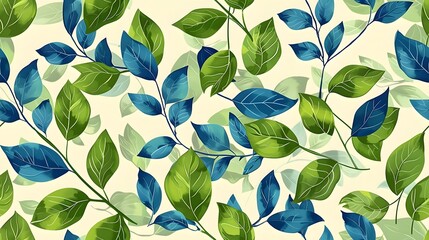 Sticker - A vibrant pattern featuring various green and blue leaves against a soft background, ideal for nature-themed projects and designs. 