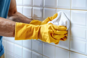 Person wearing yellow gloves cleaning white tile with a cloth