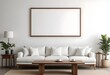 © Sharif54 - Minimalist living room with a large white sofa, wooden coffee table, and a blank framed wall art