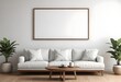 © Sharif54 - Minimalist living room with a large white sofa, wooden coffee table, and a blank framed wall art