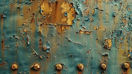 Wall Mural - This image features a textured surface of peeling blue paint with rusted elements, showcasing weathered industrial aesthetics. 