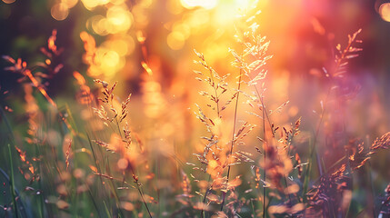 Poster - Wild grass in the forest at sunset. Macro image, shallow depth of field. Abstract summer nature background. Vintage filter