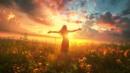 free happy woman enjoying sunset. 