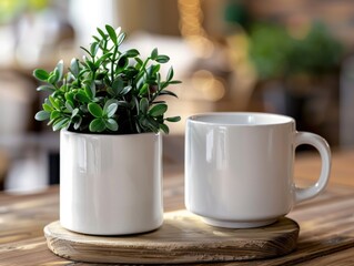 Wall Mural - Wooden Table with Coffee Mugs