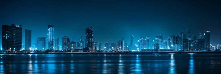 Wall Mural - night, skyline, panoramic, ultra wide angle, very clean, front view, government wide buildings, hospital, school, minimalism, black and blue, horizon 