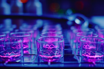 Poster - Laboratory test tubes with neon lights representing scientific research and technological advancement in a vibrant setting