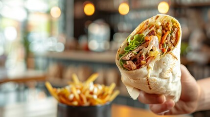 Sticker - A hand holds a vibrant shawarma wrap filled with meat and fresh vegetables alongside a bowl of crispy fries in a welcoming restaurant atmosphere