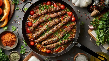 Wall Mural - Delicious kababs cook in a large pan on a kitchen counter, surrounded by vibrant vegetables and spices, showcasing a vibrant culinary preparation