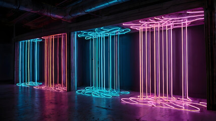 Wall Mural - Neon Light Beams and Digital Waves