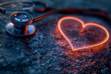 Poster - Stethoscope with neon red heart on textured ground representing modern medical technology and care