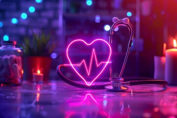 Poster - Neon heart with stethoscope on a wooden surface illustrating the fusion of traditional medical tools and modern technology