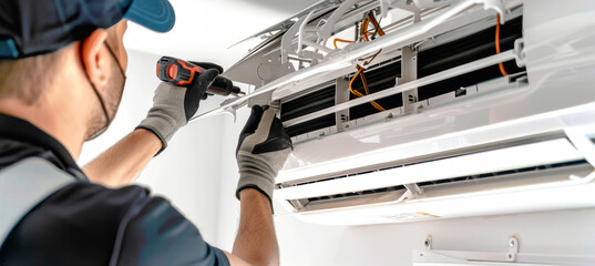 A technician, wearing a face mask and gloves, uses a screwdriver to loosen a screw on a wall-mounted air conditioning unit