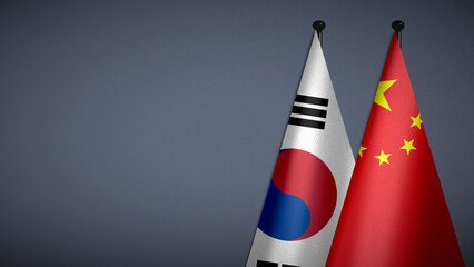 Wall Mural - 3D rendering of two flag from South Korea and China on flagpoles with Gray background for diplomatic. bilateral relations. peace and conflict between countries. Fabric