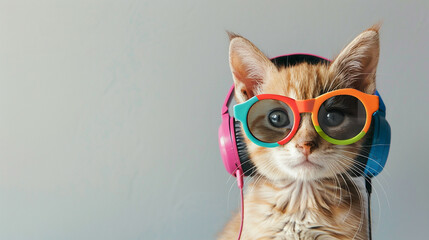 A stylish cat wearing colorful sunglasses and headphones against a plain background, representing a fun and trendy pet concept with ample copy space.