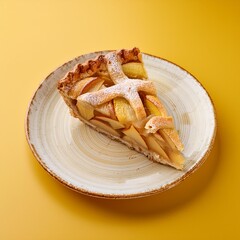 Apple pie slice on yellow background