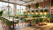 © Albaloshi - Modern restaurant interior with lush greenery, wooden accents, and stylish lighting. Eco-friendly café design featuring green upholstery, natural light, and plant-filled walls.