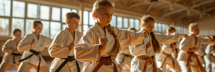 Young Karate Student Demonstrates Powerful Kata Moves in a Sunlit Dojo