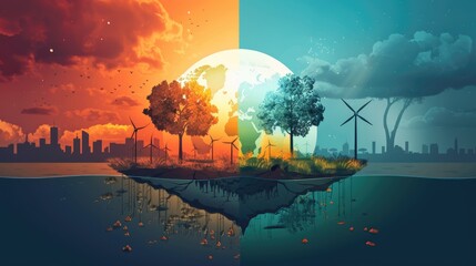 World Divided, Fossil Fuels vs. Renewable Energies, Conceptual Flat Design Illustration with Vibrant Contrasts