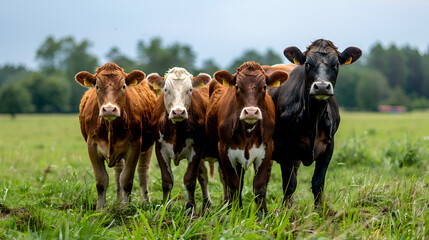 a brown white cow in the pasture on the green grass under the blue sky.....generative ai 