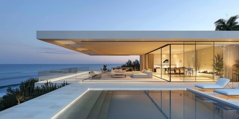 Wall Mural - minimal modern villa with one level only, one minimal arche, located close to the beach, beige color, large glass curtain walls 