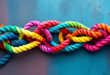 Diverse Team Rope: Strength, Partnership, Teamwork, Unity, Communication, Support. Strong Network Concept with Integrated Braid and Colorful Background - Cooperation, Empowerment, Power