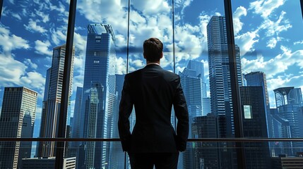 Sticker - A man in a suit is looking out of a window at a cityscape