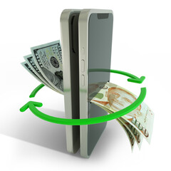 US dollar and Singapore Dollar notes exchanging through mobile phone, Online money transfer, electronic payment systems, Mobile banking. currency exchange concept isolated on a transparent background
