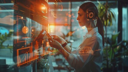 A woman is looking at a computer screen with a lot of numbers and graphs