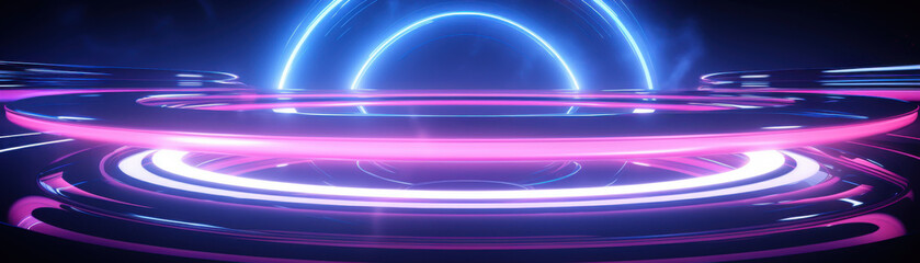 Wall Mural - a vibrant digital abstract background featuring circles of neon pink and blue light creating a futur