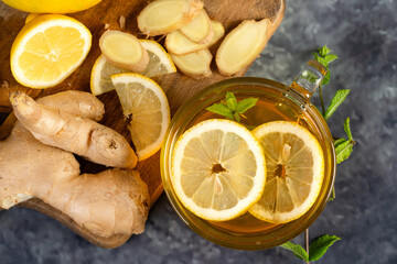 Hot ginger tea with ginger and lemon 