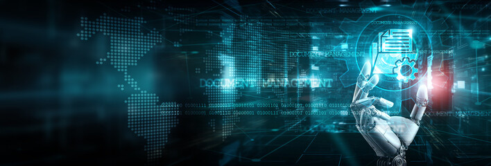 Poster - robot hand holding document management icon in the foreground, and a world map background with digit