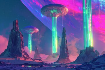 Wall Mural - Alien Structures Pierce the Sky in a Dreamlike NeonLit Landscape