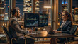 © Uncle-Ice - Couple business person enjoying analyzing business data and conversation in cozy office interior