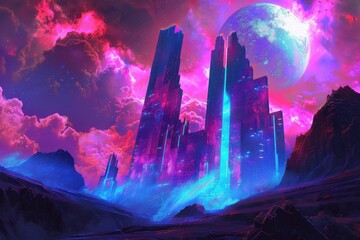 Wall Mural - A futuristic cityscape stands tall against a vibrant celestial backdrop