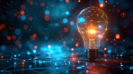 Poster - A neon-style light bulb glows vividly against a blue digital background, symbolizing innovative business concepts.