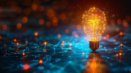 Poster - A neon-style light bulb glows vividly against a blue digital background, symbolizing innovative business concepts.