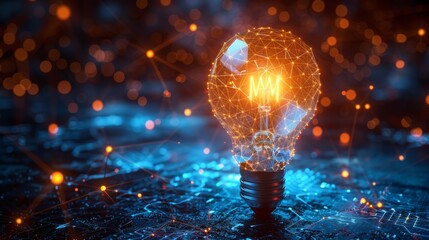 Poster - A neon-style light bulb glows vividly against a blue digital background, symbolizing innovative business concepts.