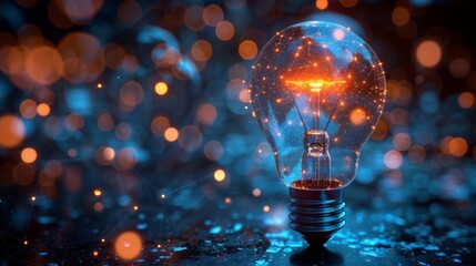 Poster - A neon-style light bulb glows vividly against a blue digital background, symbolizing innovative business concepts.