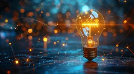 Poster - A neon-style light bulb glows vividly against a blue digital background, symbolizing innovative business concepts.
