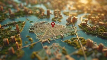 Poster - A red location marker pinpoints a spot on a city street map with a blurred urban backdrop.