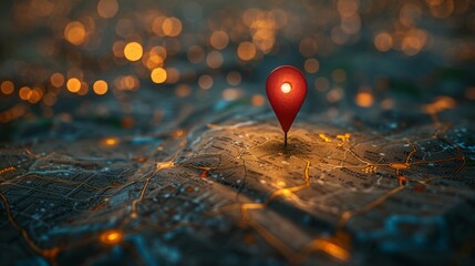 Poster - A red location marker pinpoints a spot on a city street map with a blurred urban backdrop.