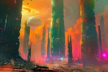 Wall Mural - A futuristic city skyline with tall glowing buildings against a vibrant orange and pink sky