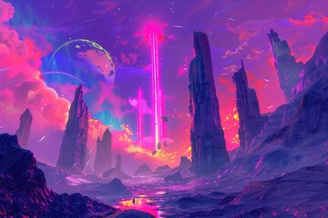Wall Mural - A Surreal Landscape with Towering Structures and a Distant Planet Under a Pink and Purple Sky