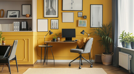 Wall Mural - A small office with a yellow wall and a desk with a computer and a chair