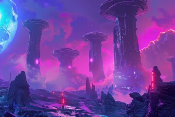 Wall Mural - Futuristic Structures Stand Tall in a Pink and Purple Alien Landscape
