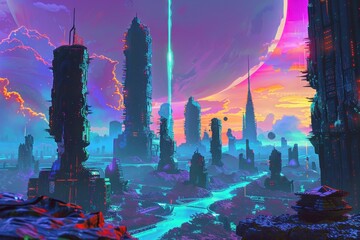 Wall Mural - A Futuristic Cityscape with Tall Towers and a Bright Blue River Under a Vividly Colored Sky